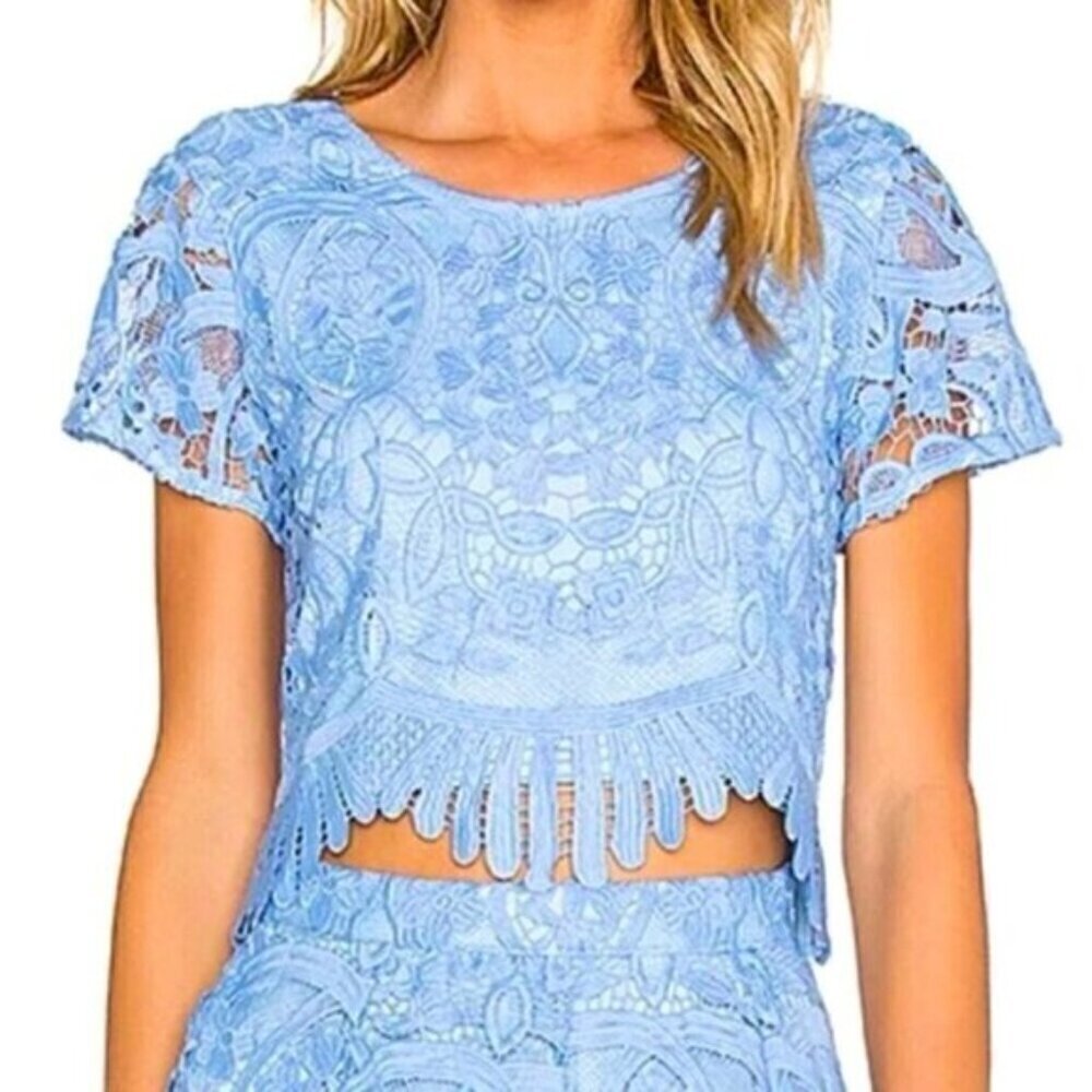 Lovers & Friends Daycation Lace Embroidered Boho Crop Top in light baby Blue XS